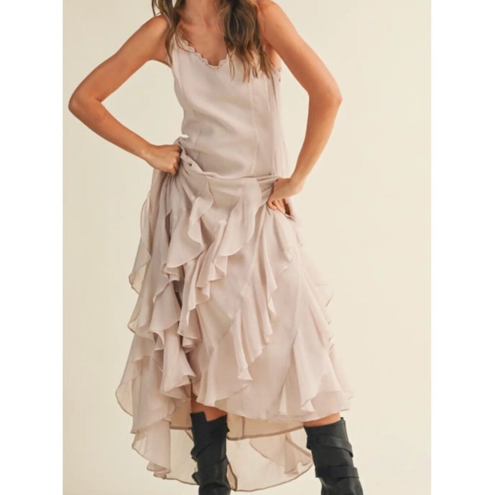 The Luna Ruffle Maxi Dress –Light Beige